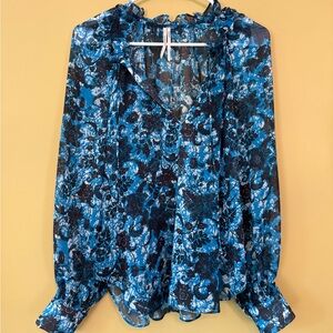 Anthropologie Navy and Teal Floral Blouse